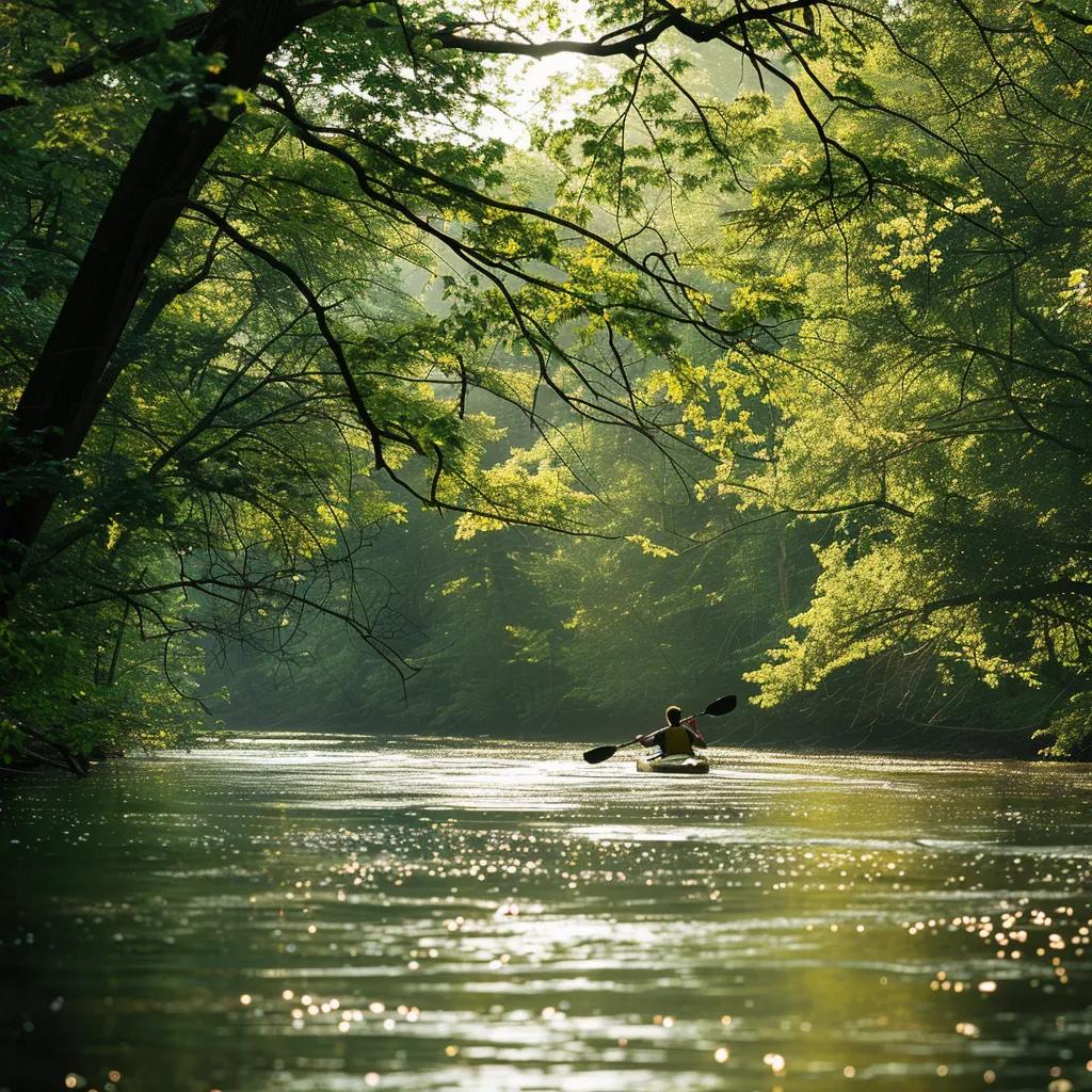 Kayaking on the Hocking River surrounded by lush greenery, showcasing the health benefits of outdoor activities